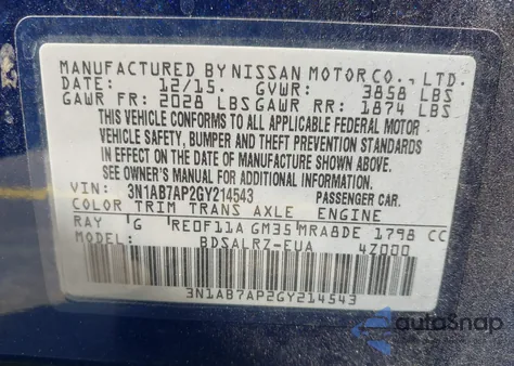 2016 Nissan Sentra Sr z USA, uszkodzony, nr VIN 3N1AB7AP2GY214543